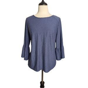 Anthropologie W5 Blouse Size Large Blue Textured Swiss Dot 3/4 Bell Sleeve Comfy